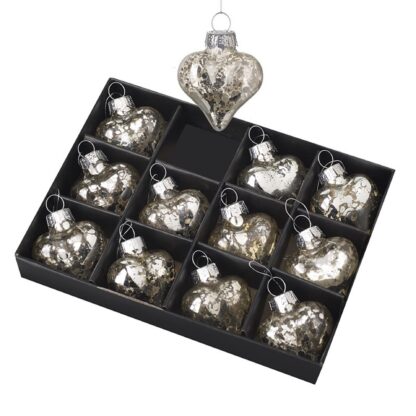 Silver Mottled Heart Shaped Christmas Tree Baubles Set